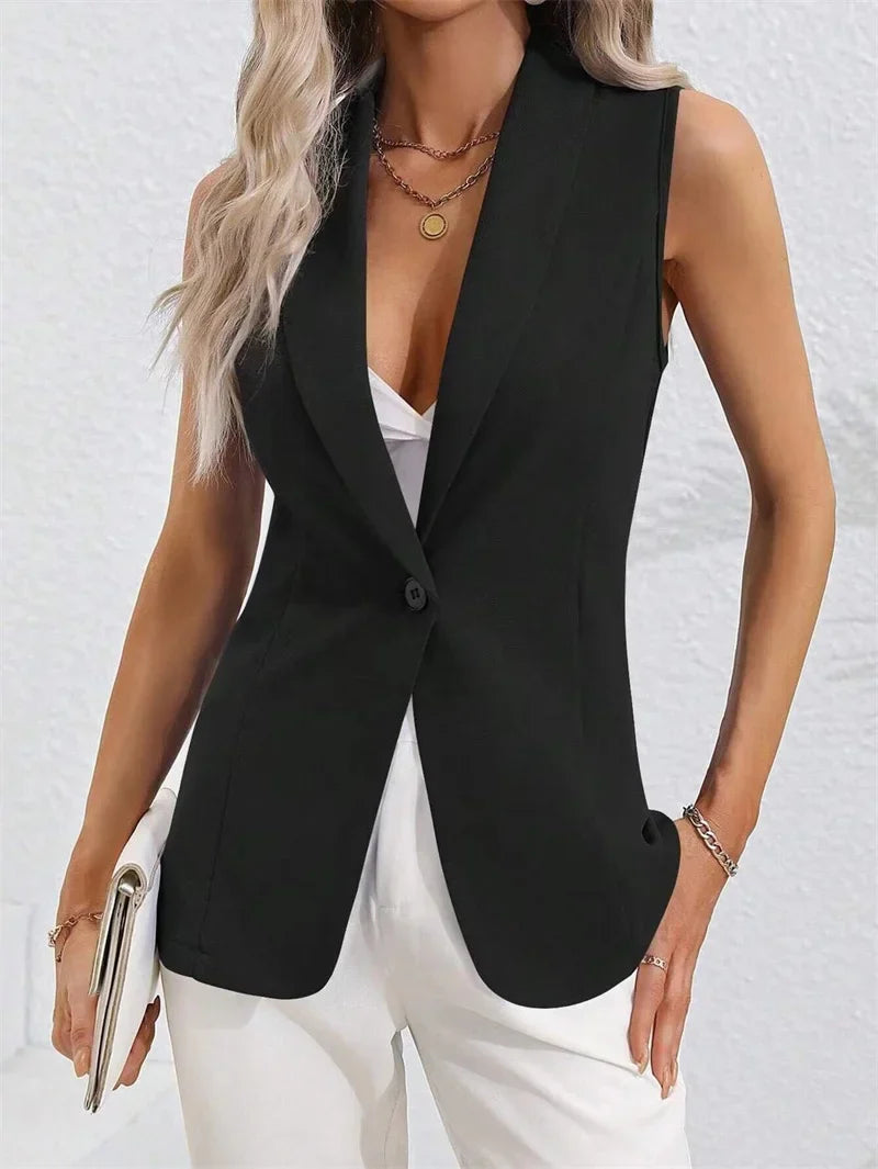 Vintage OL Jacket Casual Lapel Blazer Women One Button Suit Coats Fashion Sleeveless Office Vest 2025 Autumn Femme