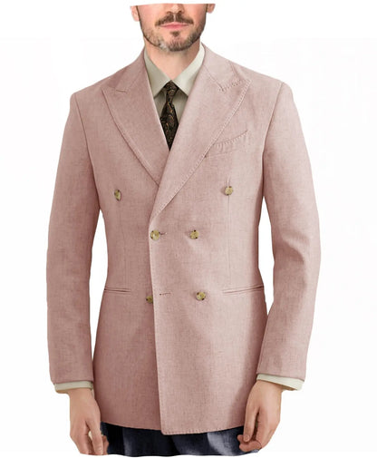 Burgundy Linen Blend Double Breasted Men's Blazer Peak Lapel Slim Fit Tailored Formal Men Suit Jacket For Wedding Groom Business