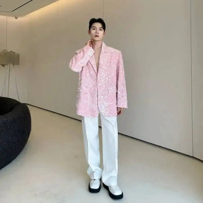 Blazer 2025 Autumn New Sequin Patchwork Luxury Elegant Temperament Coat Men's Fashion Handsome Shoulder Pad Coat JY5816