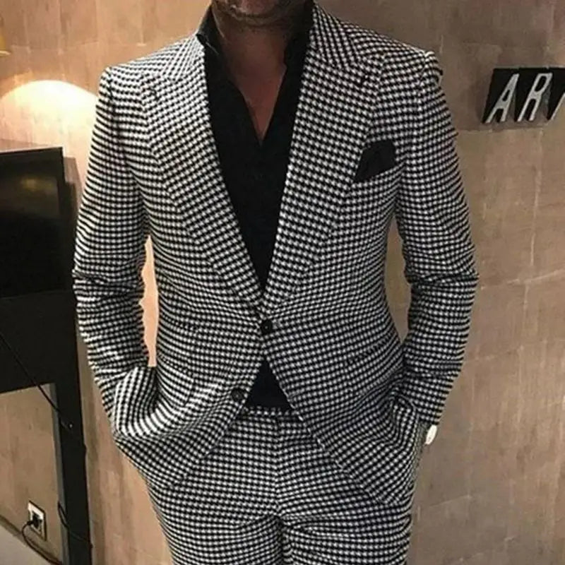 Formal Men 2 Piece Houndstooth Wedding Suit Groom Tuxedo Slim Fit Business Suits Plaid Wedding Suit Costume Homme For Party Prom