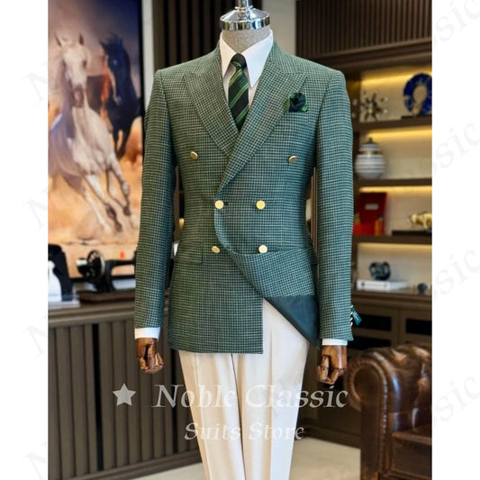 Men's Green 2 Pieces Suit Double Breasted Peakcollar Jacket Stylish Blazer Pants Business Streetwear Office Wedding Customized