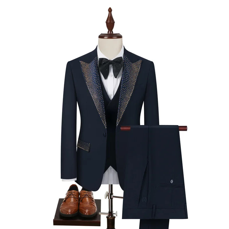 Rhinestone Lapel 3 Piece Suit Set (vest+Blazer+Trousers) Business Formal Casual Suits Wedding Groom Party Stage Men's Suit M-5XL