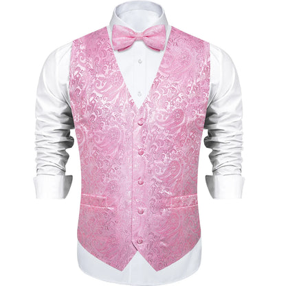 Men's Vest and Bow Tie Set – Pink Paisley Jacquard Waistcoat for Weddings and Formal Events