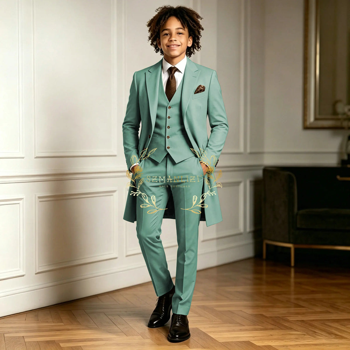 Premium Light Green Boys Formal Suit Sets 3 Pieces Long Jacket Vest Pants Occasion Wear For Wedding Party Banquet Performance