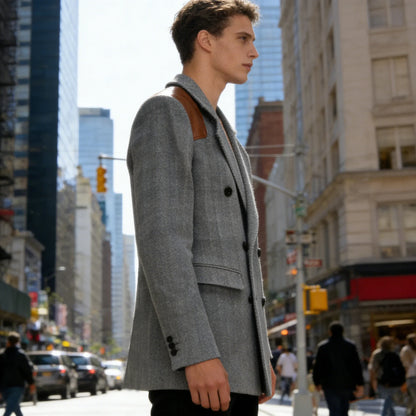 Men's Vintage Herringbone Blazer Contrast Shoulder Patches Double Breasted Wool Blend Suit Jacket Slim Fit Casual Business Coat
