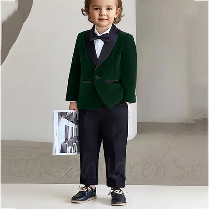 Baby Boys Burgundy Velvet Tuxedo Suit Formal Wedding Wear Chic Single Button Shawl Lapel Cute Children Outfit Two Pieces Set