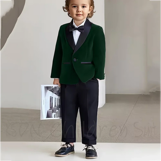 Baby Boys Burgundy Velvet Tuxedo Suit Formal Wedding Wear Chic Single Button Shawl Lapel Cute Children Outfit Two Pieces Set