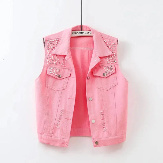Lady Large Size 5XL Denim Sleeveless Jacket 2026 Femme Cowboy Vest Spring Women Hole Nail Bead Jeans Waistcoat Coat