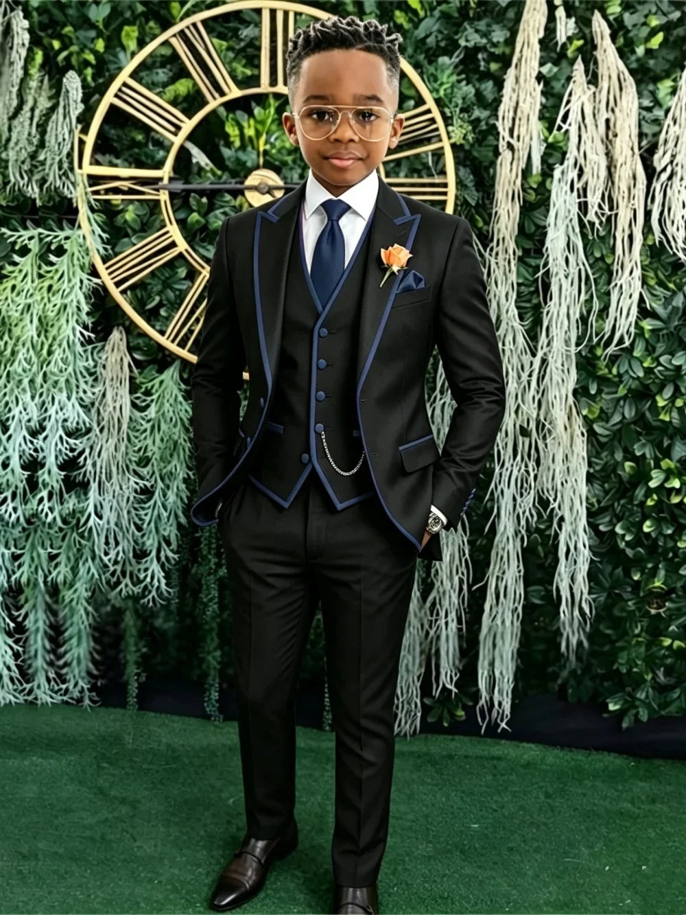 Hot Sale Boys Slim Fit Suits 3 Pieces Banquet Party Wear Smart Elegant Kids Suit Set Wedding Ring Bearer Outfit Plus Size Tuxedo