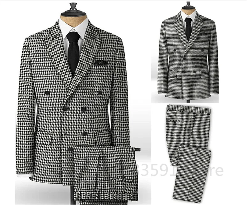 2 Piece Plaid Men Suits for Wedding/Business Slim Fit Houndstooth Checkered Groom Tuxedos Male Fashion Clothes Jacket with Pants