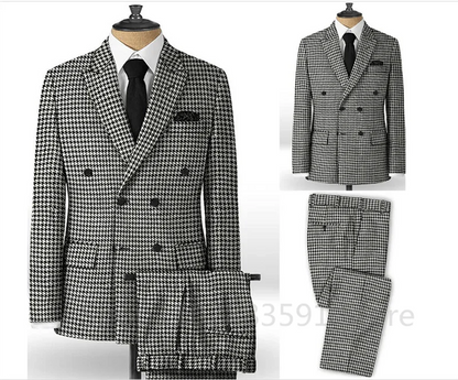 2 Piece Plaid Men Suits for Wedding/Business Slim Fit Houndstooth Checkered Groom Tuxedos Male Fashion Clothes Jacket with Pants