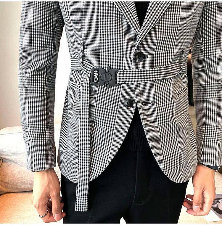 2025 Autumn Winter Classic Checkered Suit Jacket for Men Belt Decoration Slim Fit Casual Business Blazers Social Party Jacket