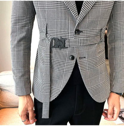 2025 Autumn Winter Classic Checkered Suit Jacket for Men Belt Decoration Slim Fit Casual Business Blazers Social Party Jacket