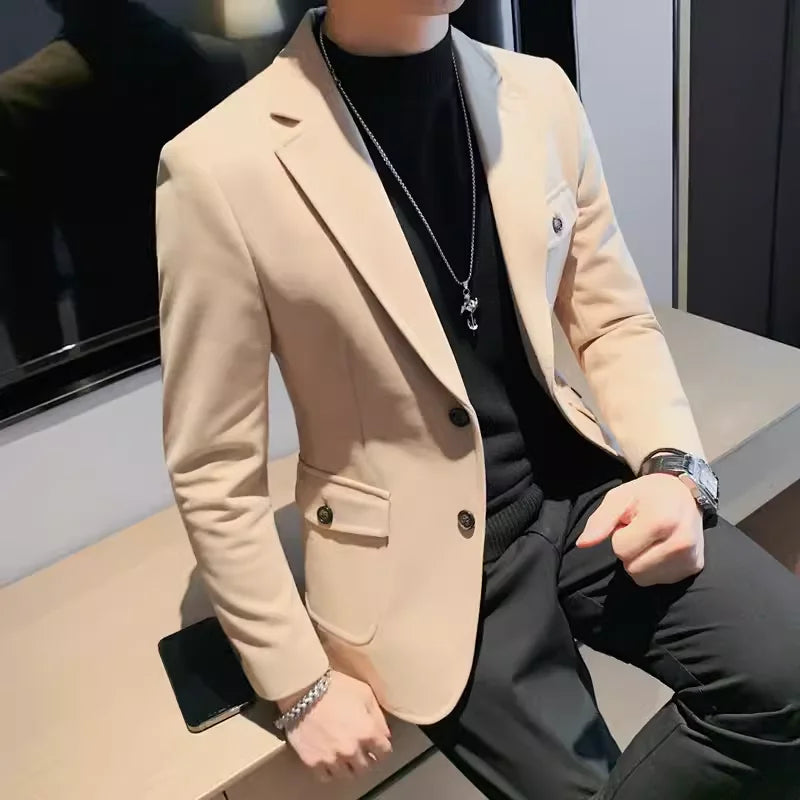 Men's High-Quality Tweed Suit Jacket 2024 Fashion Handsome Winter Thick Solid Color Business Casual Versatile