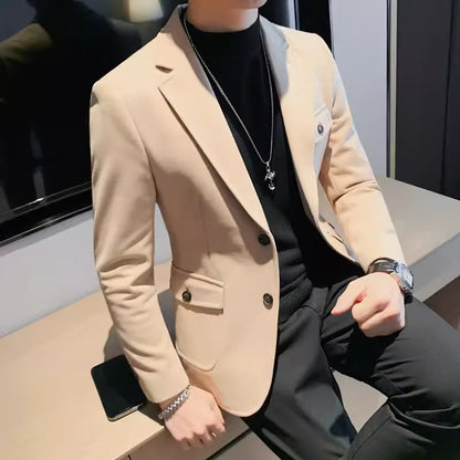 Men's High-Quality Tweed Suit Jacket 2024 Fashion Handsome Winter Thick Solid Color Business Casual Versatile