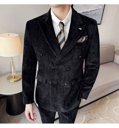 2025 Winter Woolen Men's Wedding Groom Suit Double Breasted Suit 3 Piece Set Business Casual Office Work Party Prom Dress Suits