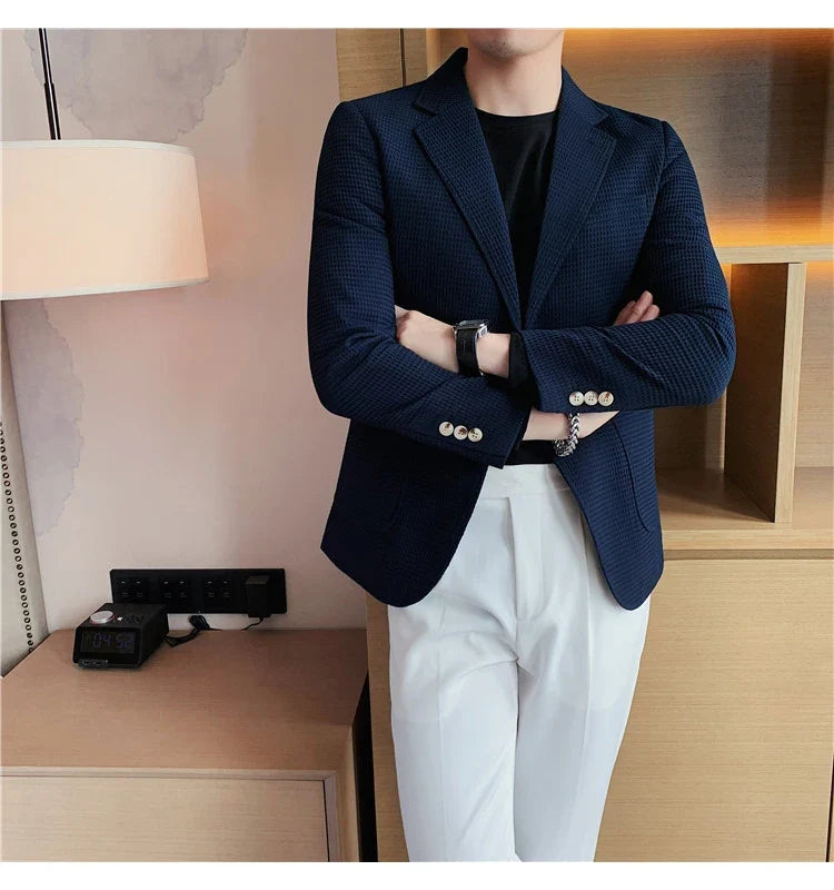 2025 Spring New Waffle Suit Coats Men Slim Fit Business Casual Blazer Jacket Homme Formal Groom Prom Wedding Tuxedo 4XL-M