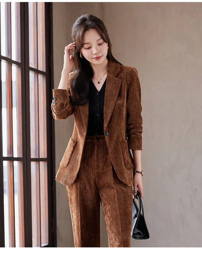 2024 Autumn New Corduroy Elegant Pant Suit Ladies Formal Business Work Wear 2 Piece Set Black Coffee Jacket Blazer And Trouser