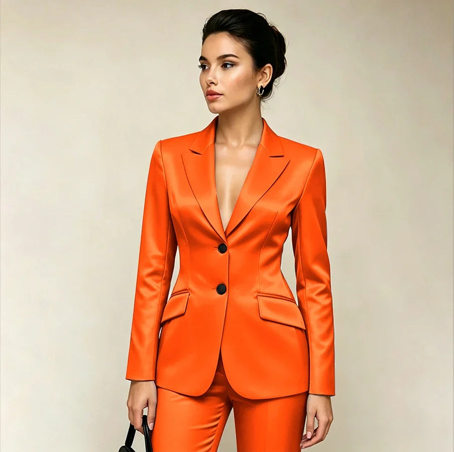 Professional Women’s Black Satin Suit Two Piece (Jacket+Pants) Set for Elegant Formal Party Office Streetwear Fashion Outfit