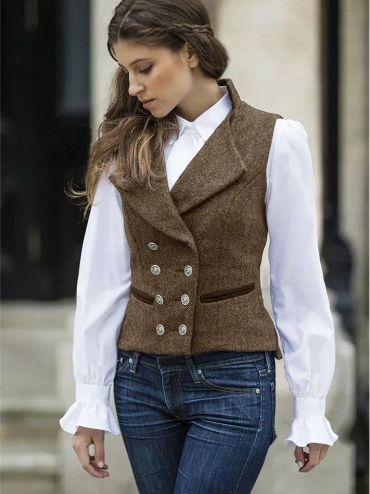 Women's Vest Double Breasted Herringbone Slim Fit Sleeveless Jacket for Casual & Work