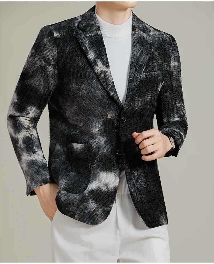 Autumn Korean Slim Fit Suit Jacket for Men Tie Dye Chenille Fashion Casual Suit Jacket Warm Business Social Formal Men Blazers