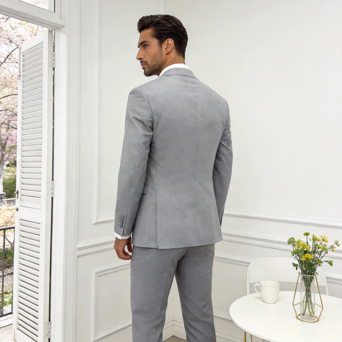 Leisure Grey Men's Suit 3 Pieces Blazer Vest Pants Bow Collar Lapel Slim Fit Wedding Tuxedos Work Business Formal Customized