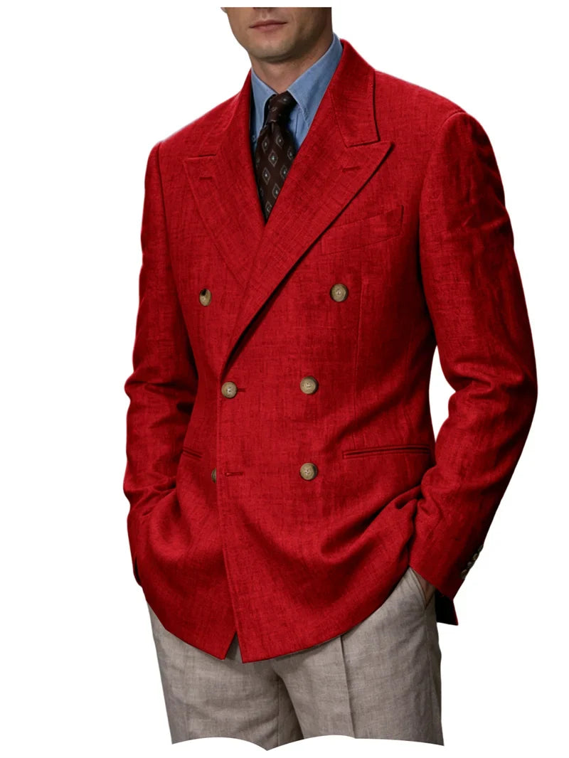 Men Linen Blazer Double Breasted Jacket Lightweight Soft Slim Coat For Business Wedding Casual Daily Party Vacation Dating
