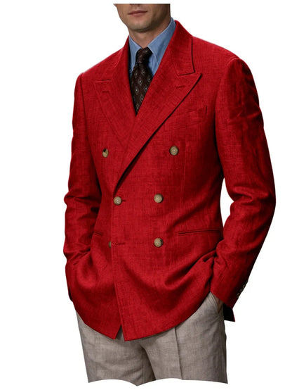 Men Linen Blazer Double Breasted Jacket Lightweight Soft Slim Coat For Business Wedding Casual Daily Party Vacation Dating