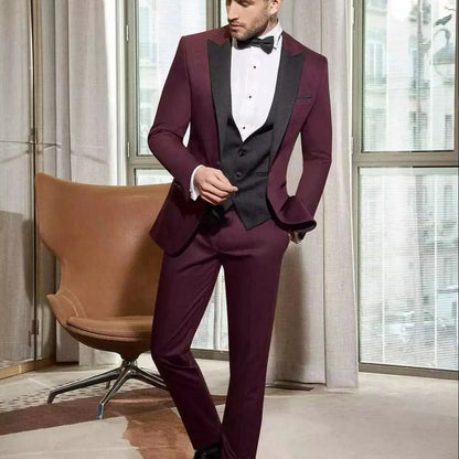 Burgundy Men Suits Slim Fit 3 Piece Peak Lapel Single Breasted Suit Men Wedding Prom Party Business Tuxedos (Blazer+Vest+Pants)