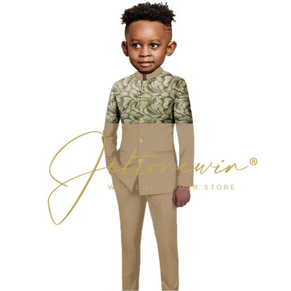 African Style Boys Suit Burgundy Gold Floral Jacket Pants 2 Piece Set Stand Collar Blazer Wedding Tuxedo Kids Formal Party Dress