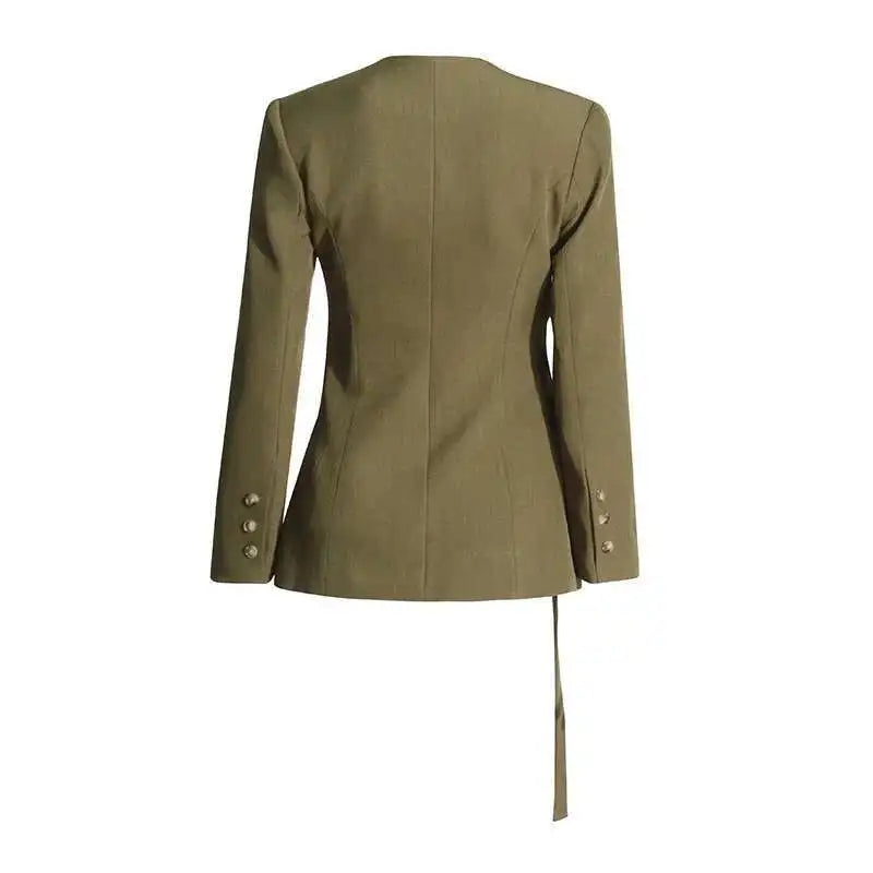 Women Blazer High Street Elegant Punk Stylish V-Neck Lace-Up Trendy Solid Color Cross Irregular Design Suit-Coat New HK3060