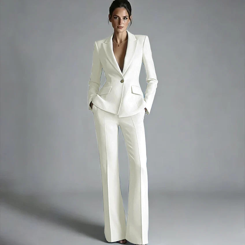 Elegant Women's One-Button Jacket+Pants Suit Set Classic Pink Peaked Lapel 2 Piece Formal Business Wedding Guest Outfit