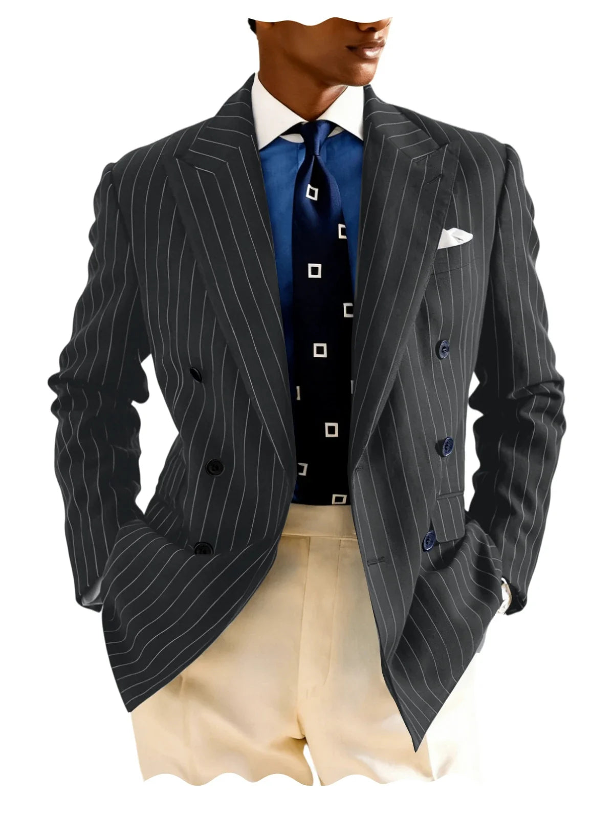 Navy Blue Striped Pattern Business Suit Jacket Double Breasted Slim Fit Blazer Casual Formal Attire Office Groom's Wedding Dress