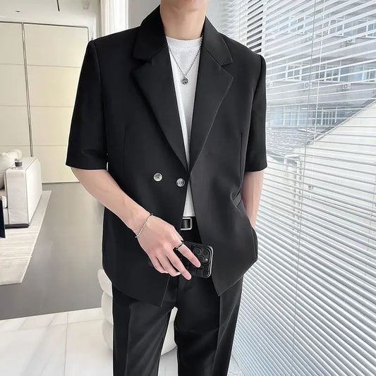 (Jacket+Pant) Summer Men's Loose Half Sleeve Suits 2 Piece Fashion Wedding Prom Casual Groom Tuxedo Blazer Suit Set / Gift Belt
