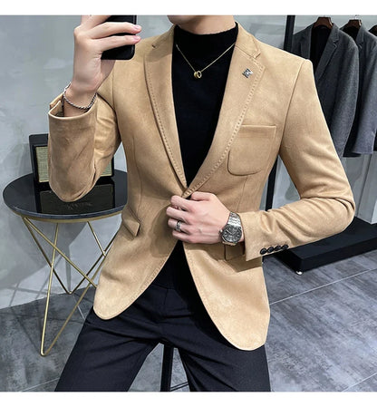 2023 Spring Suede Suit Jacket Men Casual Business Slim Fit Blazer Deerskin Leather Jacket Men Wedding Street Wear Social Coat