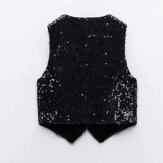 New Women's Fashion Versatile Sequin Short Vest Spring Autumn Xiaoxiangfeng Heavy Industry Waistcoat Black Sleeveless Jacket