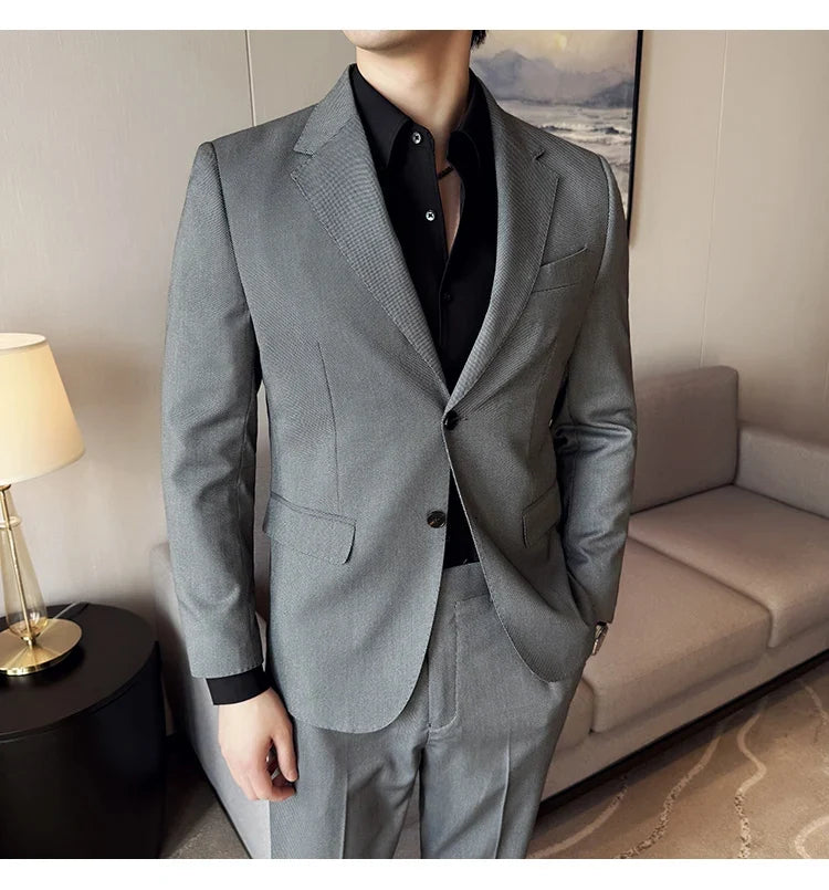 Men's bird's eye pattern high-end craftsmanship summer thin suit set, two-piece wedding banquet business casual suit