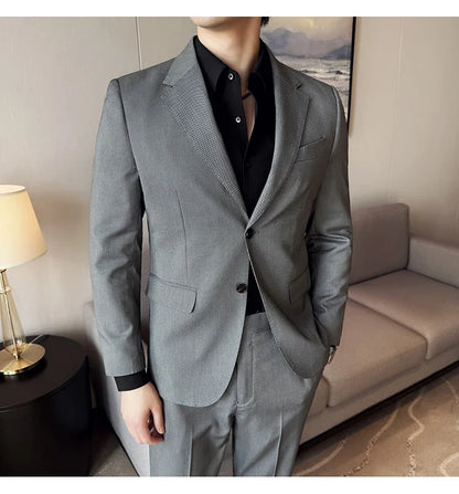 Men's bird's eye pattern high-end craftsmanship summer thin suit set, two-piece wedding banquet business casual suit