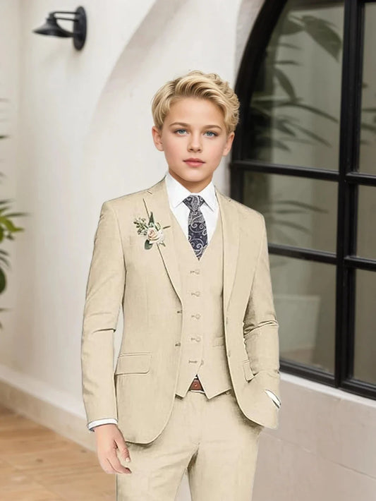 Linen Boys Suits Summer Beach Wedding Tuxedo 3 Pieces Jacket Vest Pants Notched Lapel Children Suit Set School Activities Wear