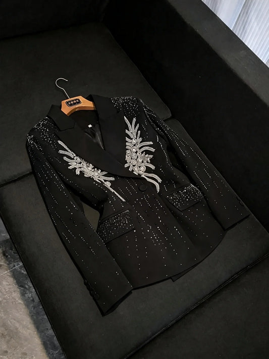 Black Long Sleeve Commuter Style Women's Suit for Office Work Diamond Decorated Early Autumn New Arrival X386 X494