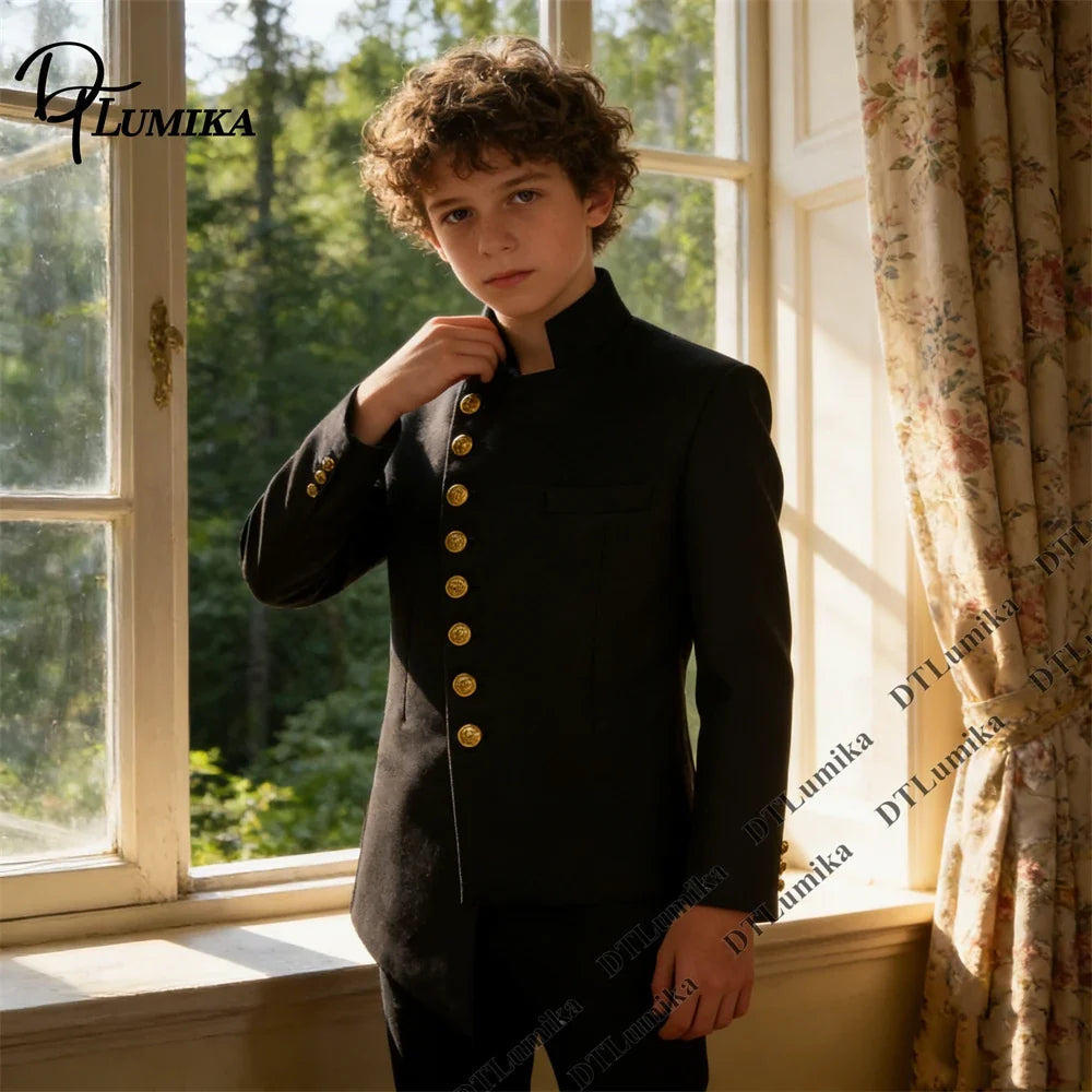 Boys Suit Set Mandarin Collar Tuxedo with Gold Buttons for Weddings and Formal Occasions