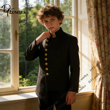 Boys Suit Set Mandarin Collar Tuxedo with Gold Buttons for Weddings and Formal Occasions