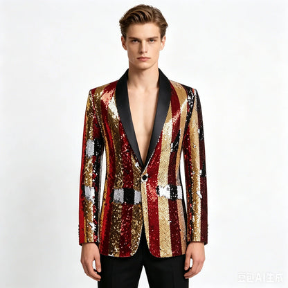 Men's Luxury Sequins Suit Jacket Double Side Stripes Trendy Blazers Banquet Evening Party Singer Host Stage Performance Tuxedo