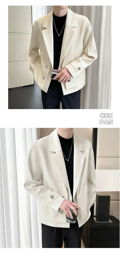 2025 Spring New Fake Two Piece Suit Collar Jacket Men Korean Trend Casual Business Blazers Loose Street Wear Social Jacket