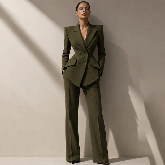 Timeless Women Army Green Suit Unique Tailoring Double Breasted Jacket Pants 2 Pieces Set Formal Evening Power Outfit