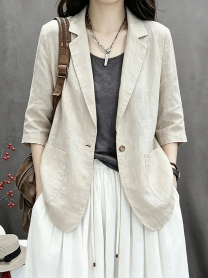 2026 New Summer Casual Cotton Linen Short Coat Women's Pure Color Suit Top Versatile Loose Fit Thin Material Seven Sleeve