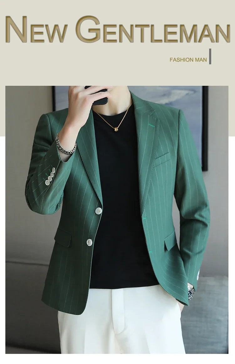 2026 Classic Striped Versatile Suit Jacket Men's Korean Fashion Casual Business Blazers Office Wedding Party Host Formal Jackets