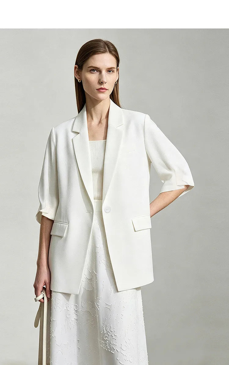 Women's Blazer 2026 Summer New Notch Lapel Linen Blend Pleated Half Sleeve Jacket Casual Office Midi Length Coat 12642184