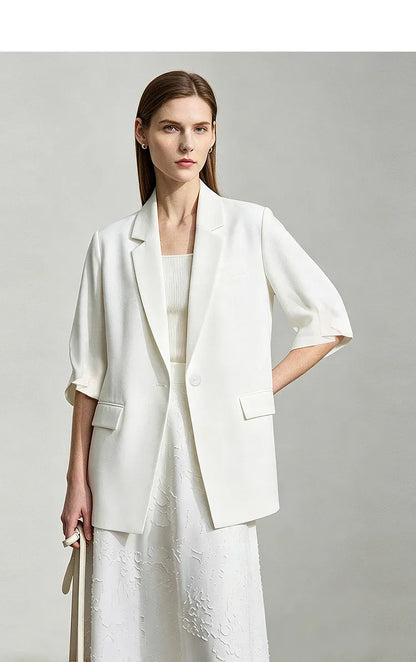 Women's Blazer 2026 Summer New Notch Lapel Linen Blend Pleated Half Sleeve Jacket Casual Office Midi Length Coat 12642184