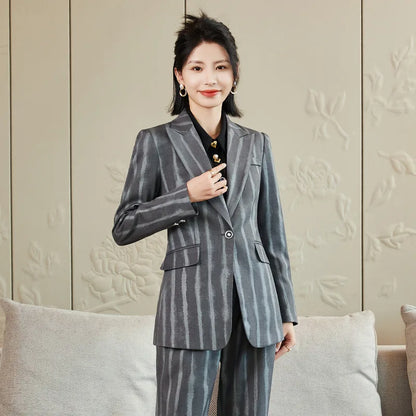 Fashion Autumn Winter Ladies Pant Suit Women Striped Female Business Work Wear Jacket Blazer and Trouser Formal 2 Piece Set